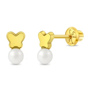 14k Gold Polished Drop Kids / Children's / Girls Earrings Safety Screw Back - Bild 1 von 6