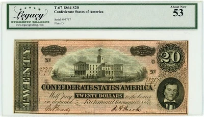 T-67 $20 1864 Confederate States of America 53 Legacy Currency Grading 950535-39 - Image 1 of 3