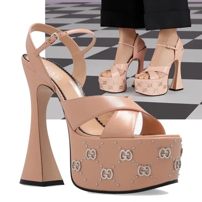 GUCCI SHOES JANAYA GG LOGO STUD PLATFORM PINK LEATHER SANDALS $1,290 sz 38.5 8.5 - Image 1 of 4