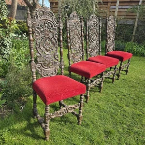 4 Antique Oak Carved Jacobean Style Dining Chairs. Carolean Style. - Picture 1 of 24