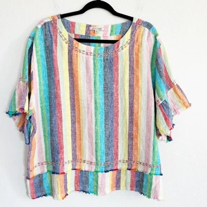 John Mark Shirt Womens XL Rainbow Stripe Linen Embroidery Flounce Sleeve Raw Hem - Picture 1 of 8
