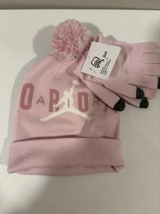 NIKE JORDAN 2-PIECE SET WINTER HAT BEANIE POM GLOVES GIRLS SIZE 8-20 PINK NWT - Picture 1 of 3