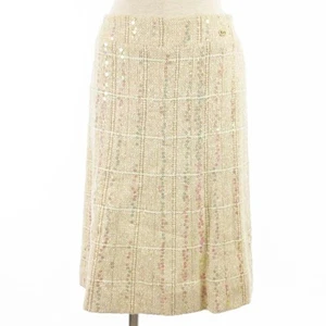 CHANEL 03A Tweed Skirt Sequin Check Coco Mark Beige Size 40 Women's L57cm - Picture 1 of 6