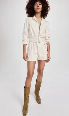 Rag & Bone Pleated Denim Long-Sleeve Belted Snap Up Romper In Ecru Sz-M Rt-350$ - Image 1 of 4