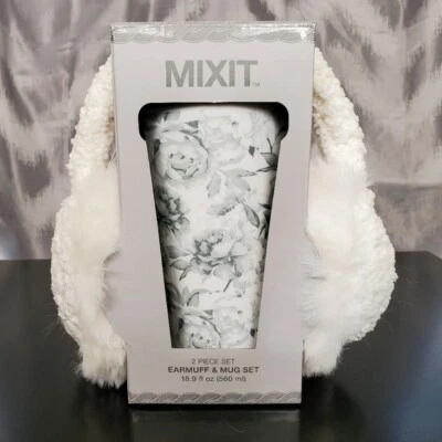 NUEVO CON ETIQUETAS Juego de Regalo Taza y Orejeras de Viaje Mix-It Gris y Blanco Floral ¡Listo para Regalo! Foto 1 de 4