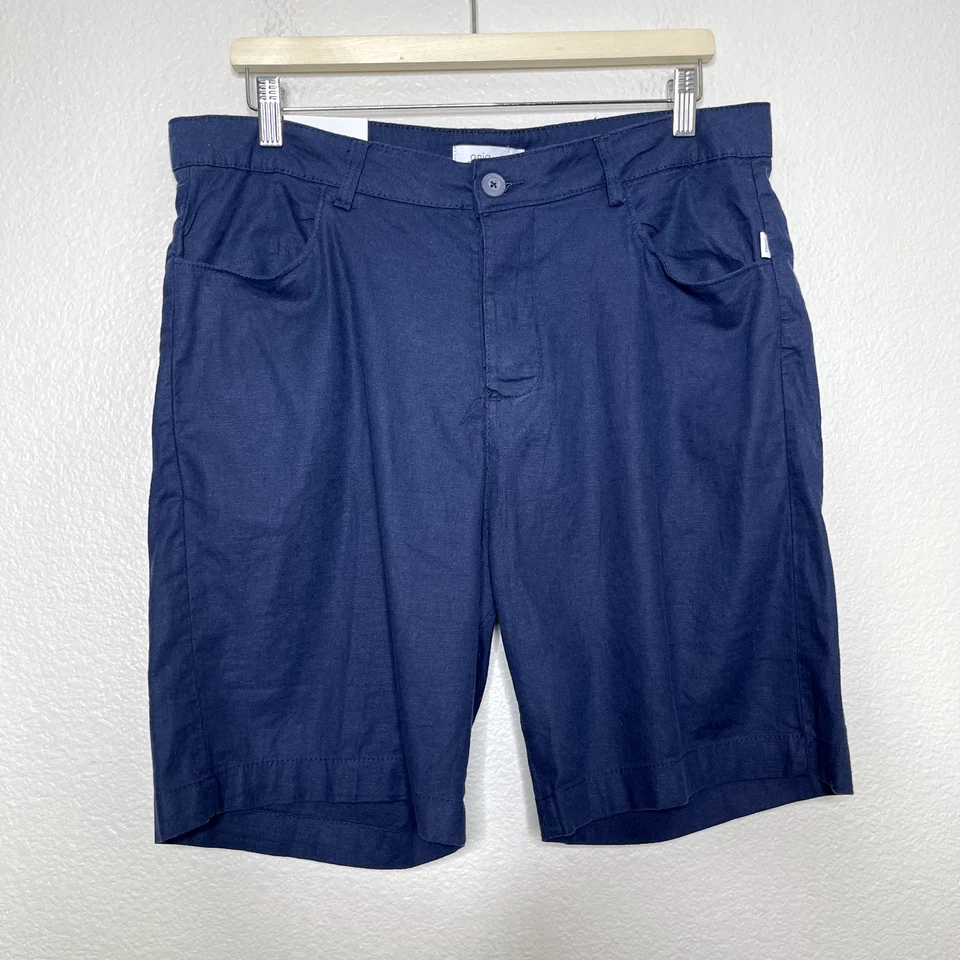 Onia Short Mens Sz 34 Linen Traveler Chino Navy Stretch Button Fly Resort Golf