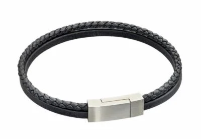 Fred Bennett  Plaited Black Recycled Leather And Black IP Bracelet (B5322) - Image 1 of 2