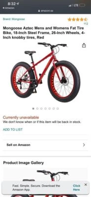 Mongoose Aztec Fat Tire Bicycle, Red R7942AZDS - Image 1 of 4