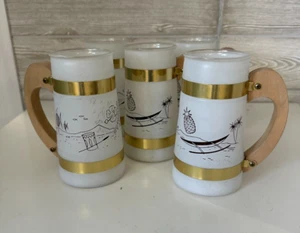 5 Siesta Ware Frosted Tiki Wooden Handle Glass Mugs 5.25 Hawaiian Themed - Picture 1 of 2