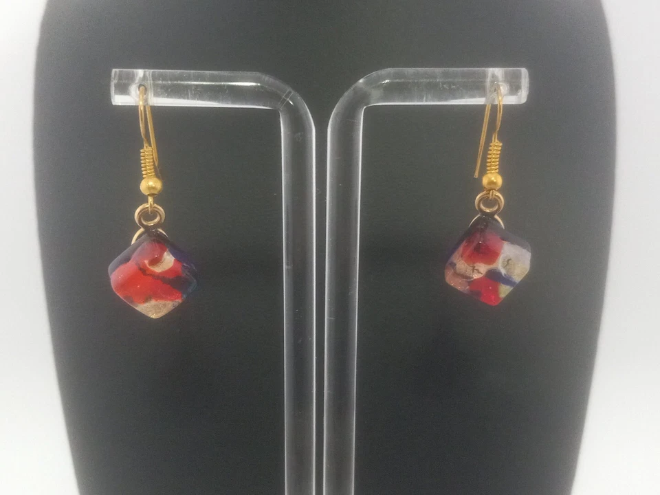 Signed "Murano Glass" gold tone red dark blue Diamond Shape Hook Earrings - Image 1 of 4