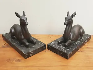 Pair Art Deco Bronzed Spelter Deer Fawn on Marble Base Stylish Decor  - Picture 1 of 8