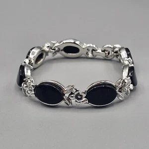 Vintage Black Thermoset Bracelet Silver Tone Flower Link Discoloration 6.75" - Picture 1 of 10