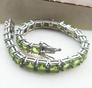 Square  Cut Natural Peridot gemstone 925 sterling silver tennis bracelet - Picture 1 of 7