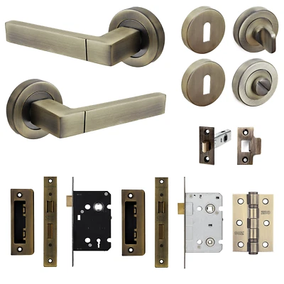 Antique Brass Internal Door Lever Handle Pack Latch Sash Bathroom Lock Kit Set - Image 1 of 4