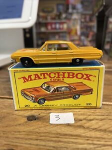VINTAGE 1965 LESNEY MATCHBOX #20 CHEVROLET IMPALA ORANGE-YELLOW TAXI CAB W/ BOX
