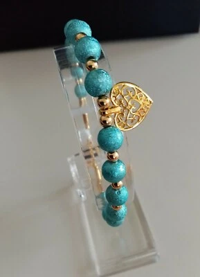 Schmuck Armband petrol Struktur Perlen mit filigranem Herz in gold 21 + 4 cm - Bild 1 von 3