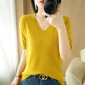 Mujeres Suéteres Mangas Cortas Cuello en V Camisa Camel Pullovers Jerséis - Imagen 1 de 35