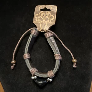 Handcrafted Leather Adjustable Bracelet Pewter Beads Black Stone (Lot# 572) - Picture 1 of 6