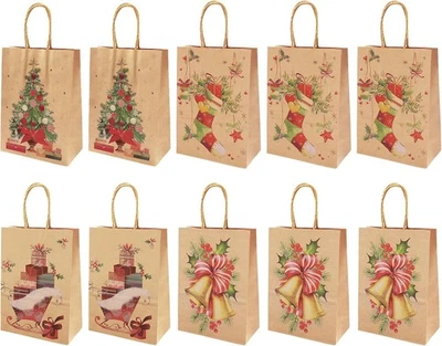 MOSTFUN 10Pcs Christmas Kraft Gift Bags, 4 Patterns Christmas Paper Bags with Handles