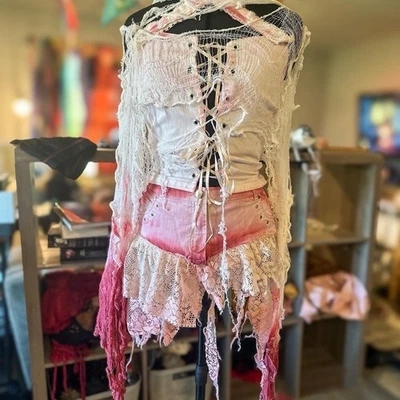 HECHO A MANO Encaje y Denim Dos Piezas Disfraz Festival Halloween Cosplay Vestido Falda Foto 1 de 4