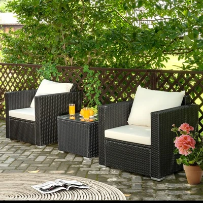 Patio 3PCS Rattan Furniture Set Conversation Rattan Sofa Set W/ Cushion Garden - Image 1 of 4