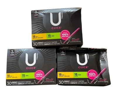 3x U By Kotex Click Compact Unscented Tampons Multipack - Reg + Super - 3 x 30 - Image 1 of 4