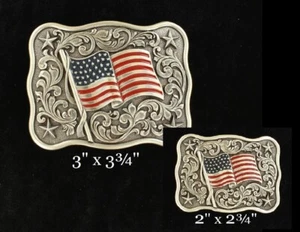 AMERICAN FLAG Buckle ~ Adult or Youth ~ NOCONA Silver Red-White-Blue Stars 37702 - Picture 1 of 3