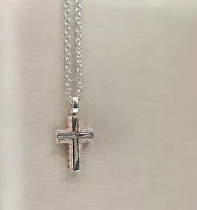 COLLANA CROCE BATTESIMO UOMO ORO BIANCO 18 KT DIAMANTE NATURALE 0.64 G COLOR VS - Foto 1 di 12