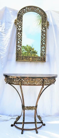 Oscar Bach Bronze Iron Marble Top Console Table & Mirror with Grapes Wine Motif Cover