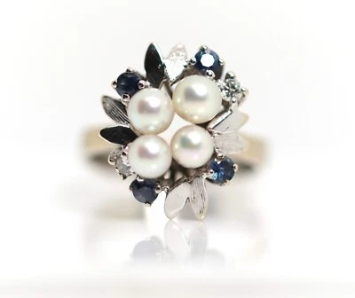 Damen Weißgold Ring Diamant Saphir Perle 14kt 585 Floral Blume, Gr. 52 - Bild 1 von 4