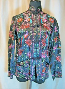 EUC Plum Blossom 36/XS/S Black Silk Hand Embroidered Birds Floral China Jacket - Picture 1 of 6
