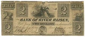 1843 Bank of River Raisen Michigan MI $2 No.1127 (L1923) - Picture 1 of 2