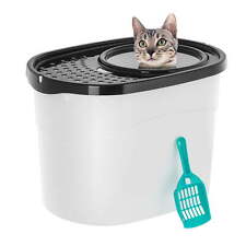 Oval Top Entry Cat Litter Box with Litter Catching Lid, Privacy Walls and Scoop