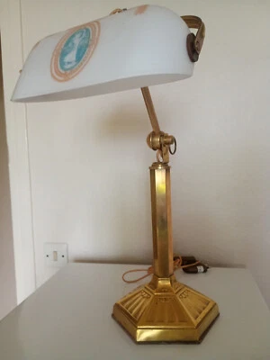 LAMPE DE BUREAU ancienne OPALINE satiné Femme noeuds de ruban Laiton métal doré - Photo 1/4