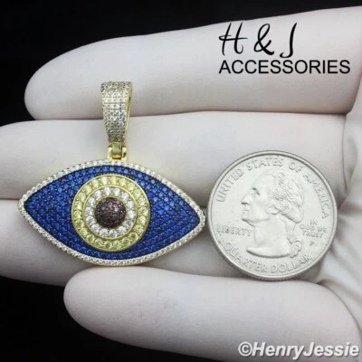 PLATA ESTERLINA 925 CIRCONITA HELADA AZUL/AMARILLO/MARRÓN CHAPADO EN ORO MAL DE OJO COLGANTE*AGP472 Foto 1 de 4