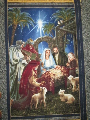 THREE WISEMEN JESUS MANGER HOLIDAY CHRISTMAS RELGIOUS COTTON FABRIC PANEL  - Image 1 of 4