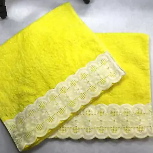 Vintage USA Cotton Hand Towels Set 2 Neon Yellow Lace Granny Cottage 1970's - Picture 1 of 7