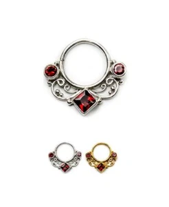 Septum Clicker Nose Ring Sterling Silver Indian Red Ruby CZ 18 Gauge 18G - Picture 1 of 3
