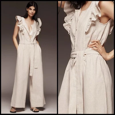 XL Anthropologie Ruffle Linen-Blend Embroidered Jumpsuit Stripes Neutral Belted - image 1 of 4