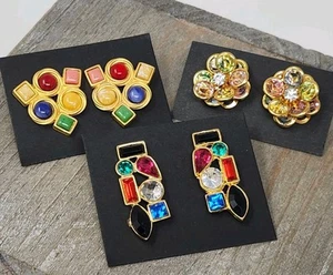 Konvolut 3 Paar bunte goldfarbene Ohrringe bunt Vintage Cabochons - Bild 1 von 13