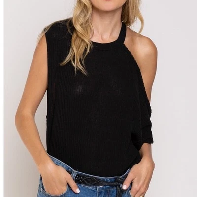 POL Women's Black Ribbed Cutout Halter Zip Back Sleeveless Top M Party Evening # - Image 1 of 4