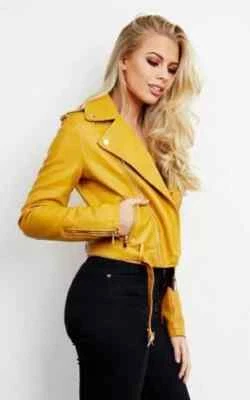 Elegante chaqueta de cuero de piel de cordero AMARILLO para mujer genuina hecha a mano motocicleta motociclista Foto 1 de 4