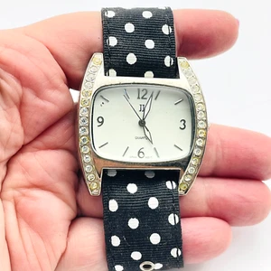 JJ Quartz Womens Watch Polka Dot Fabric Band Crystal Accent Bezel READ - Picture 1 of 7