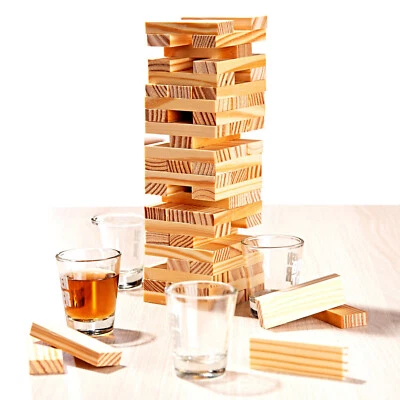 Trinkspiel Wackelturm Mit 60 Holz Bauklötzen und 4 Shotgläsern Trink Partyspiel - Bild 1 von 2