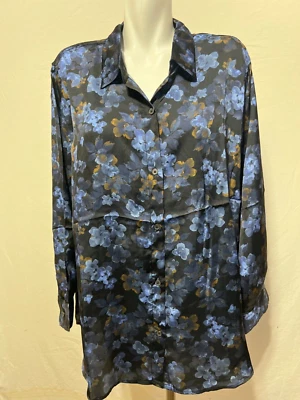 Elie Tahari Women 2X Satin Top Shirt Blouse Black Blue Floral New NWT - Image 1 of 4