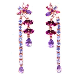 Gemstone Purple Amethyst, Rhodolite Garnet, Tanzanite Earrings 925 Silver - Picture 1 of 4