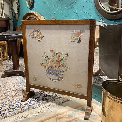 Vintage Linen Needlework Tapestry Fire Guard Antique Cottage Screen Cross Stitch - Image 1 of 4