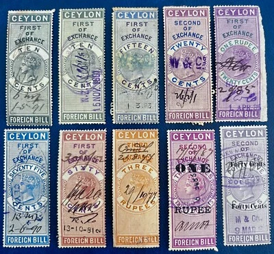 Ceylon / Sri Lanka Foreign Bill Tax Stamps / Queen Victoria QV / Lot of 10 - Image 1 of 2