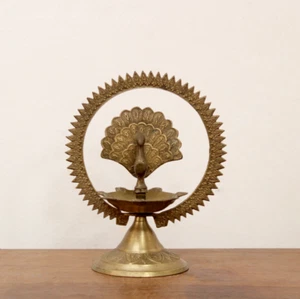 Oil Lamp Diya Small Oil Wick Temple Lamp Mayur Peacock Vintage Home Temple Decor - Picture 1 of 4