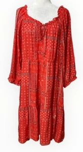 beachlunchlounge Boho Orange Dress XL Rayon Long Sleeve Smocked Festival Pockets - Picture 1 of 10